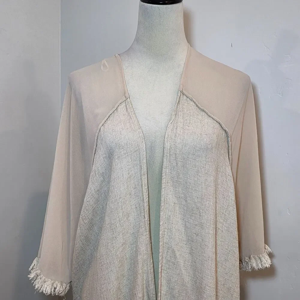 Umgee Beige Cotton Kimono Cardigan w/ Fringe Trim Open Front Boho Hippie Sz M/L - Picture 2 of 8